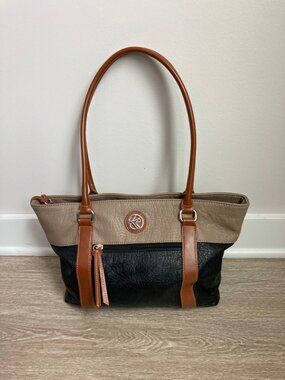 Taupe Black & Brown Faux Leather Tote Shoulder Bag.